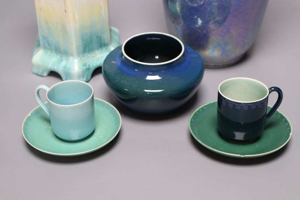 A collection of Ruskin pottery, including a blue lustre vase,